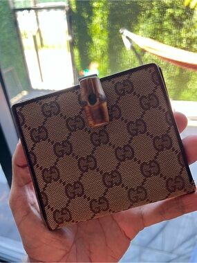 Gucci Brown & Tan GG Canvas Wallet with Bamboo Snap